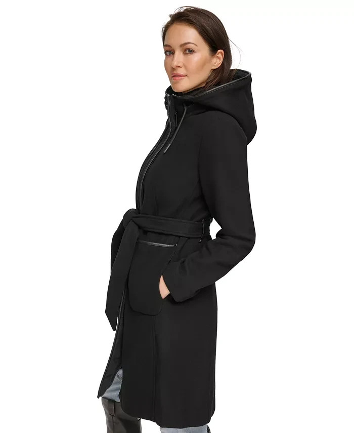 Dkny X2421 Women's Black Faux-Fur Lined Hooded Wool Blend Belted Coat Size S image 3