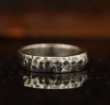 Men's 925 Silver Hammered Texture Band Ring, Oxidized Half Round Mens Band Ring