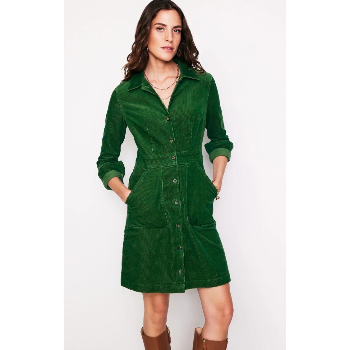 boden green cord dress Boden Cecily Belted Long Sleeve Cotton Corduroy Midi Dress in Woodland Green at Nordstrom, Size 2
