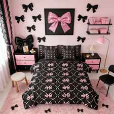 Erosebridal Black Pink Ribbon Bow 7 Pcs Bedding Set Twin Girls Bowknot