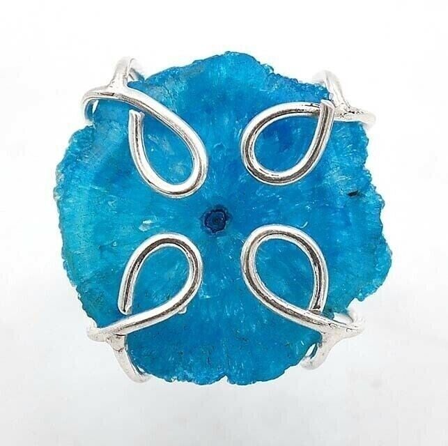 Natural Geode Cluster Aquamarine 925 Sterling Silver Ring Sz 7.5