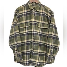 Vintage Field Stream Button Up Heavy Flannel Shirt Mens L Green Plaid