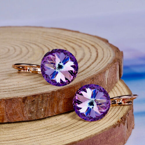 15mm Round Bella Earring Bezel Set Purple Swarovski Crystal 14k Rose Gold Plated - Picture 2 of 5