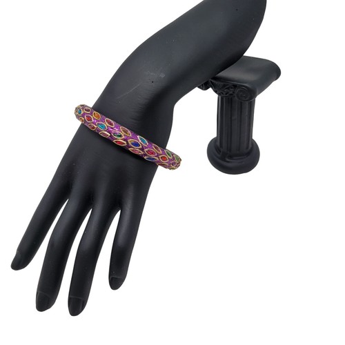 Purple Glitter Bangle Gold Accent Multicolor Peacock Feather Rhinestone Gypsy - Picture 1 of 6