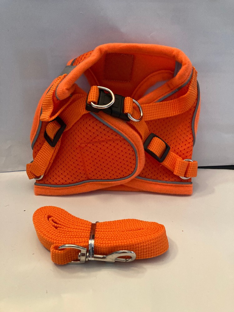dog harness orange with leash size medium up to 10 pounds girth 13.7in to 15.3in
