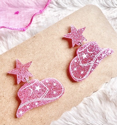 New Pink Glitter Cowgirl Hat & Star Rodeo Texas Retro 80s Style Dangle Earrings