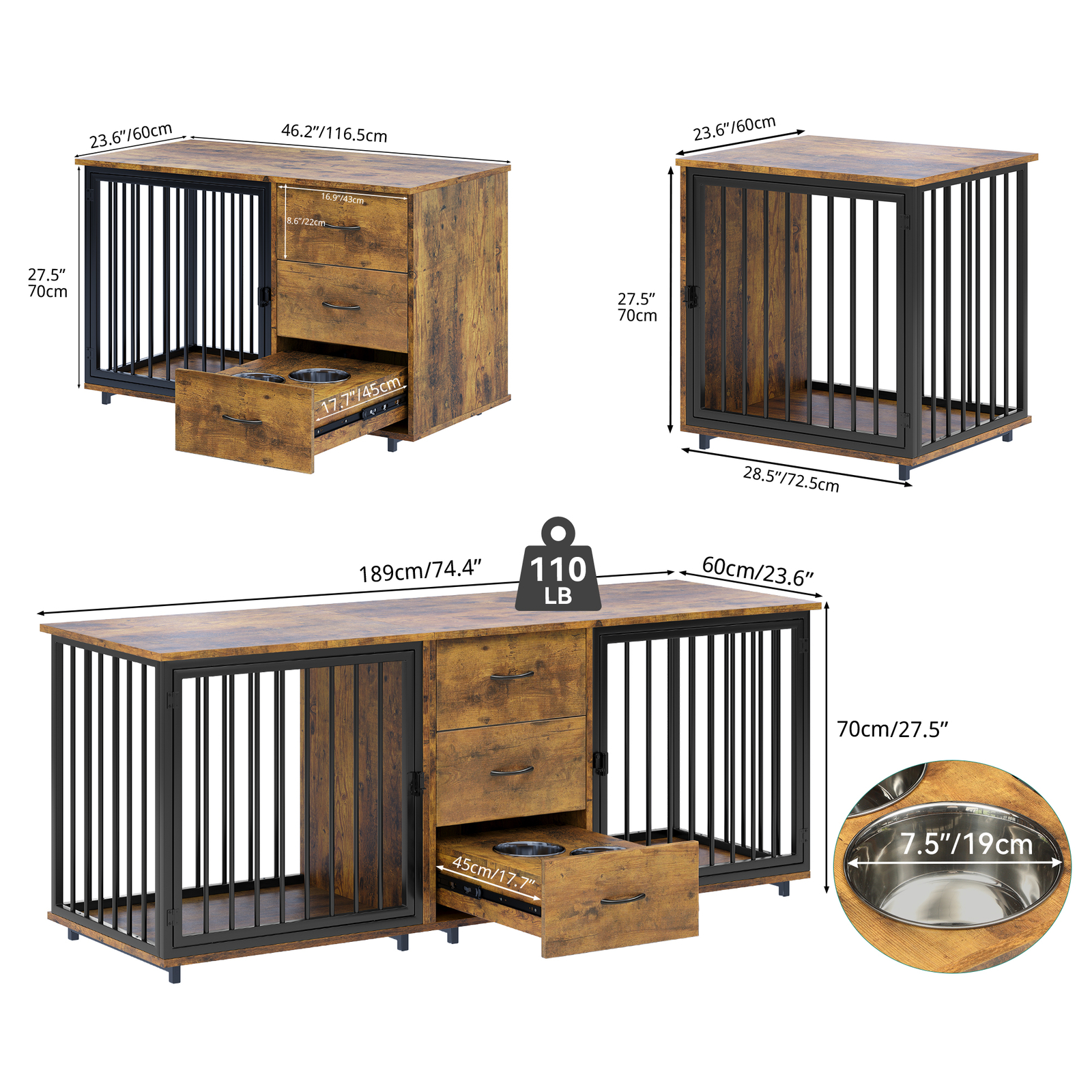 74" Large Double Dog Crate Furniture Indoor Wooden Dog Kennel crate TV Stand