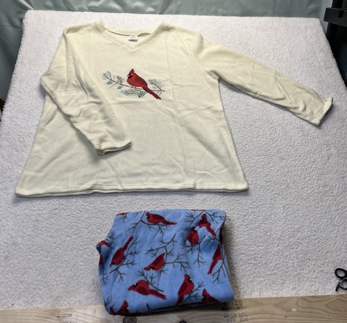 Women’s XL Fleece Pajama Set Long Pants Long Sleeve Embroidery Red Cardinal - Picture 2 of 7