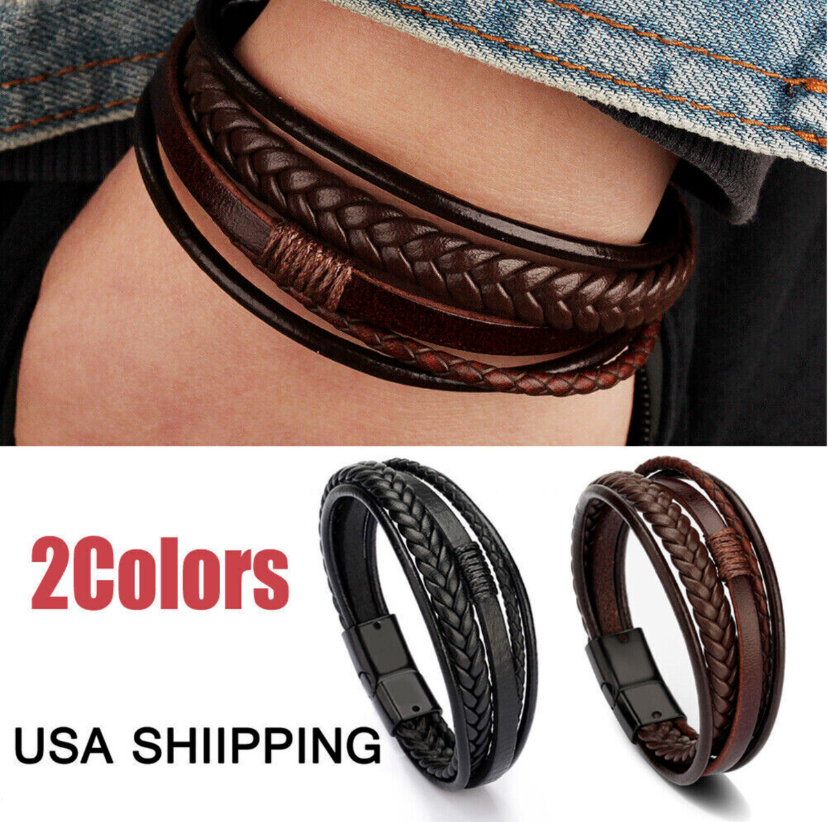 Men Jewelry Black Braided Leather Bracelet