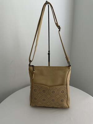 The Sak Lucia Light Yellow Leather Pewter Under CutOut Crossbody Handbag 