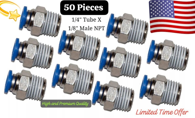 50 Pneumatic 1/4" Tube X 1/8" NPT Male Connector Air Push to Connect  fitting