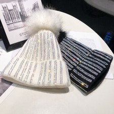UK STOCK Women Shiny Fleece Lined Knit Cap Rhinestone Bobble Hat Ski Thermal New