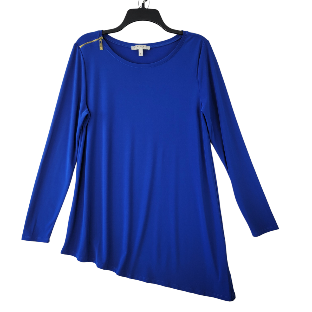 Chaus NY Womens Blue Long Sleeve Blouse Asymmetrical Hem Zipper Accent Size  M