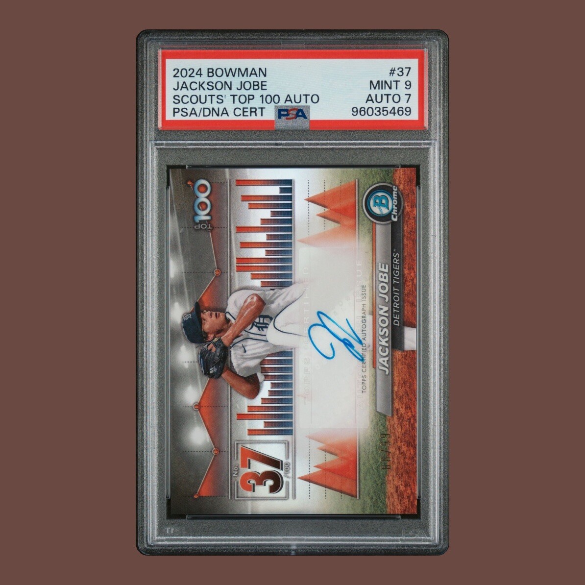 Jackson Jobe Rookie Auto 2024 Bowman Chrome Scouts Top 100 Autos SSP/99 PSA 9
