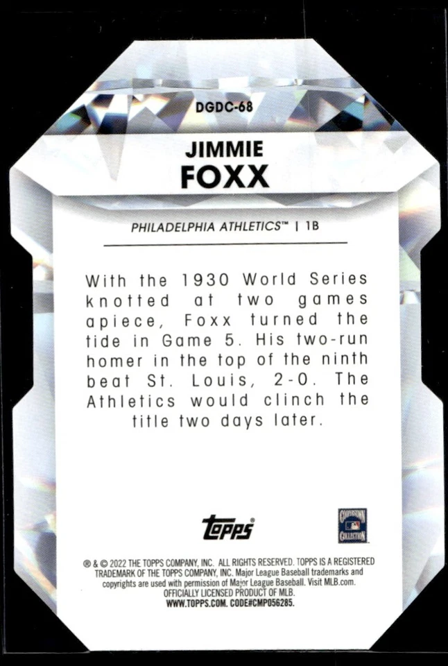 2022 Topps Update Diamond Greats Die-Cuts Jimmie Foxx Philadelphia Athletics - Image 2 of 2