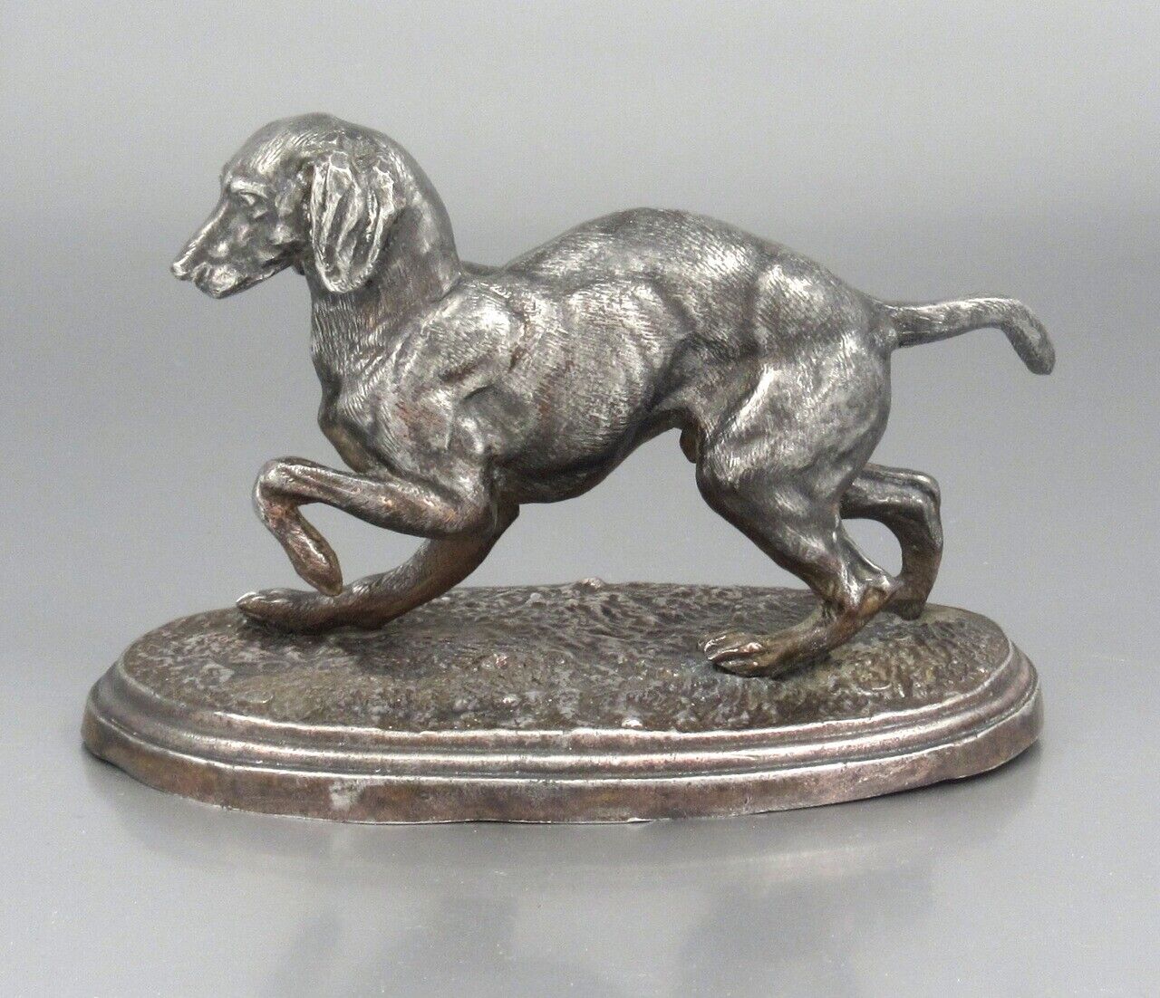 Antique French Patinated Silvered Spelter Sculpture Figurine Dog