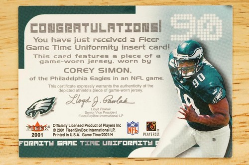 2001 Fleer Skybox #90 Corey Simon GAME USED Patch Philadelphia Eagles Football - Picture 2 of 2