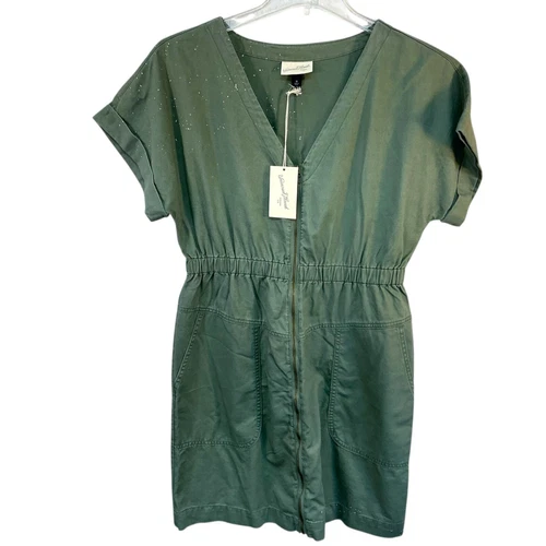 M Universal Thread Womens Green Full Zip Utility Dress New BLEACH SPLATTERED