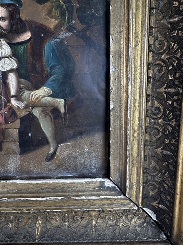 Dipinto olio su latta XVIII e XIX secolo uomo e bambino seduto tipo rinascimentale usura - Foto 2 di 15