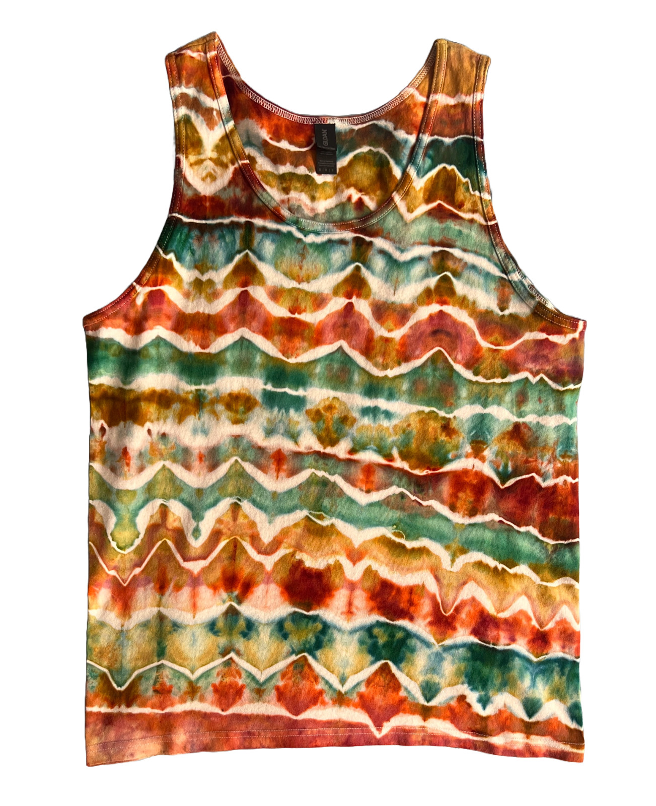 SALE Surfer Style Zig-Zag Fold Ice Tie Dye T-Shirt, Mens M Tank Top, Rust Green