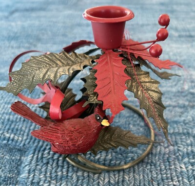 Vintage Metal Christmas Candle Holder 1950's RED Cardinals-Midwest Imp