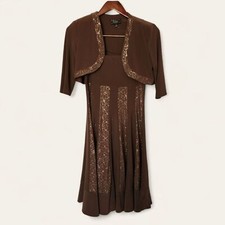 Dressbarn Collection 2 Piece Brown Embellished Dress Set Size 4 Bolero Jacket