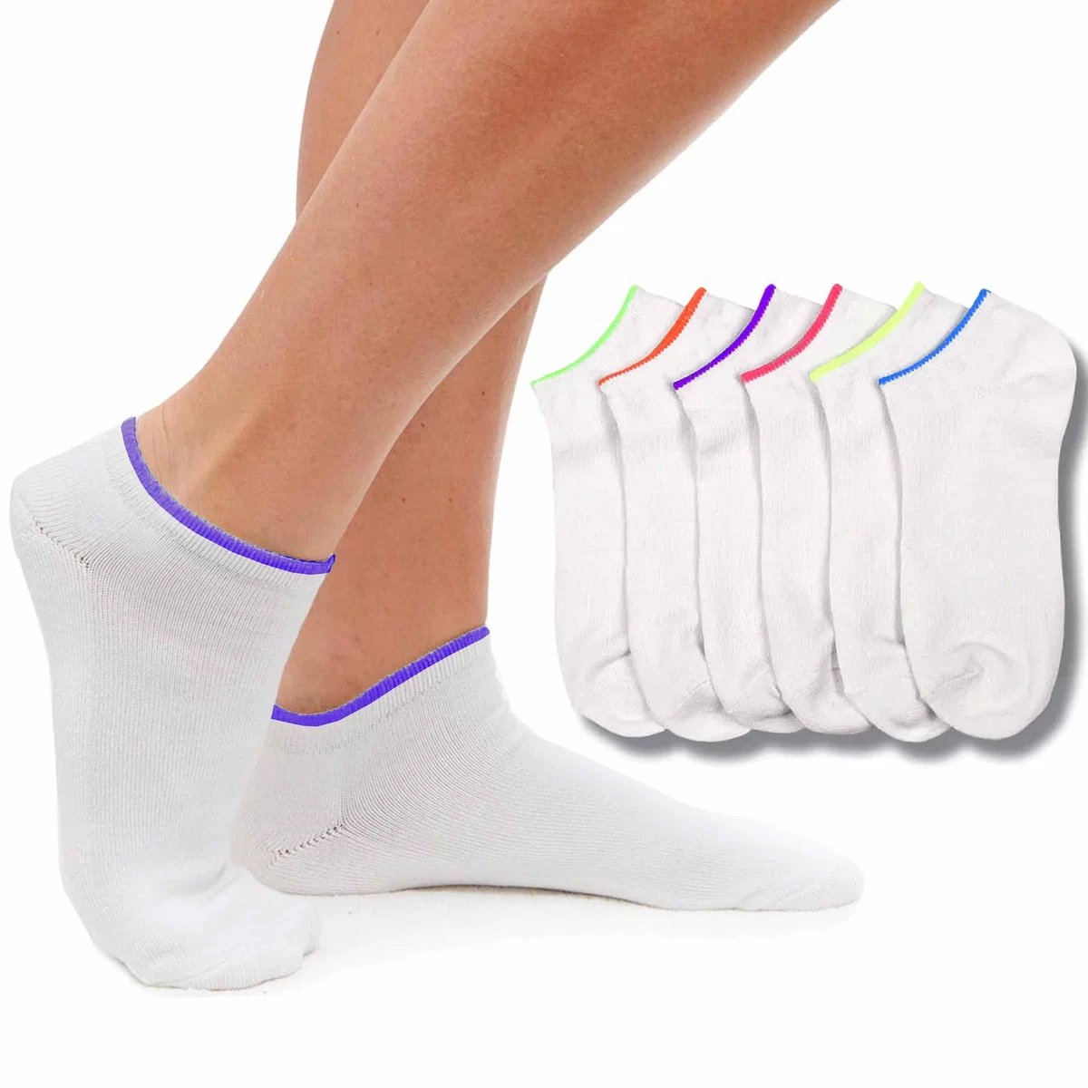 6 Pair Ladies Girls Ankle Sports Socks Low Cut White Neon Running Casual 9 11