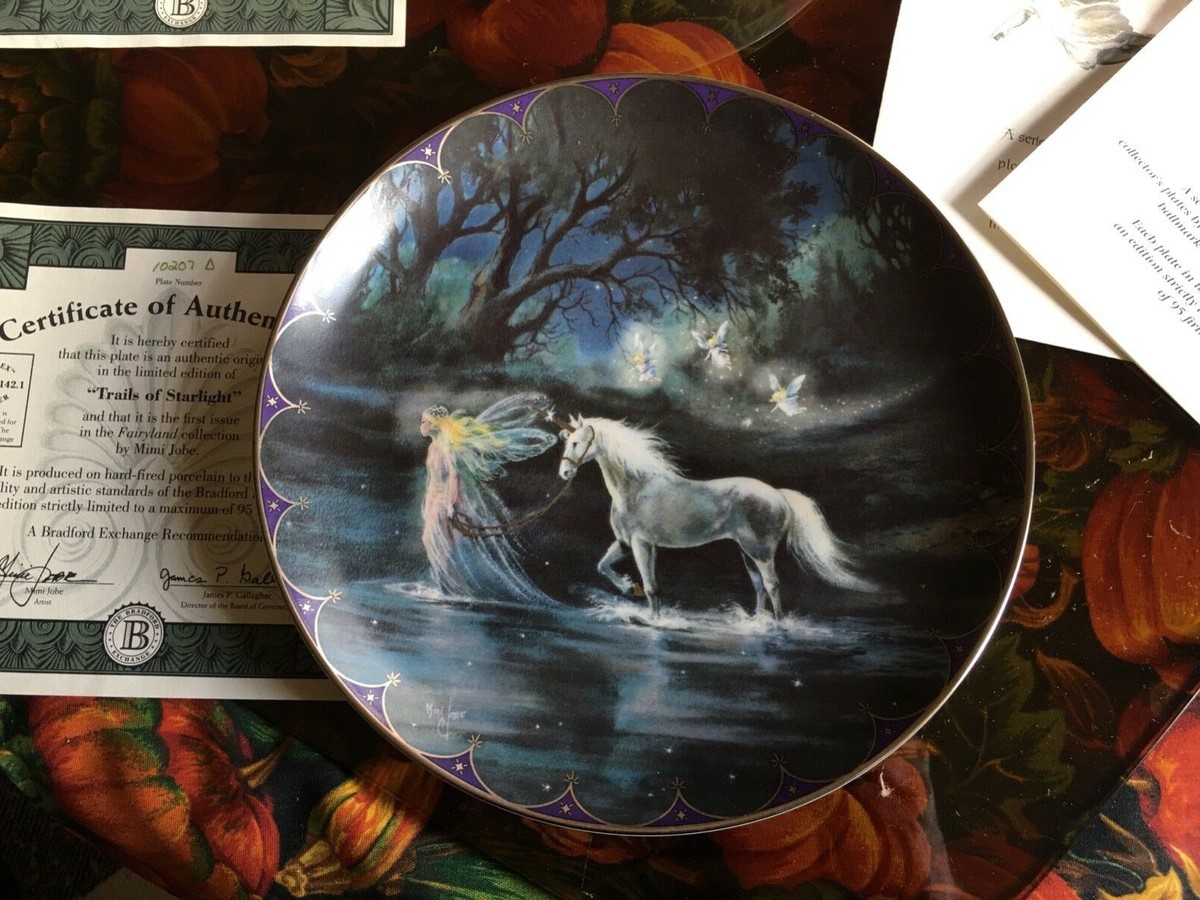 The Bradford Exchange Collec. unicorn & Fairy plates lot w/Storage