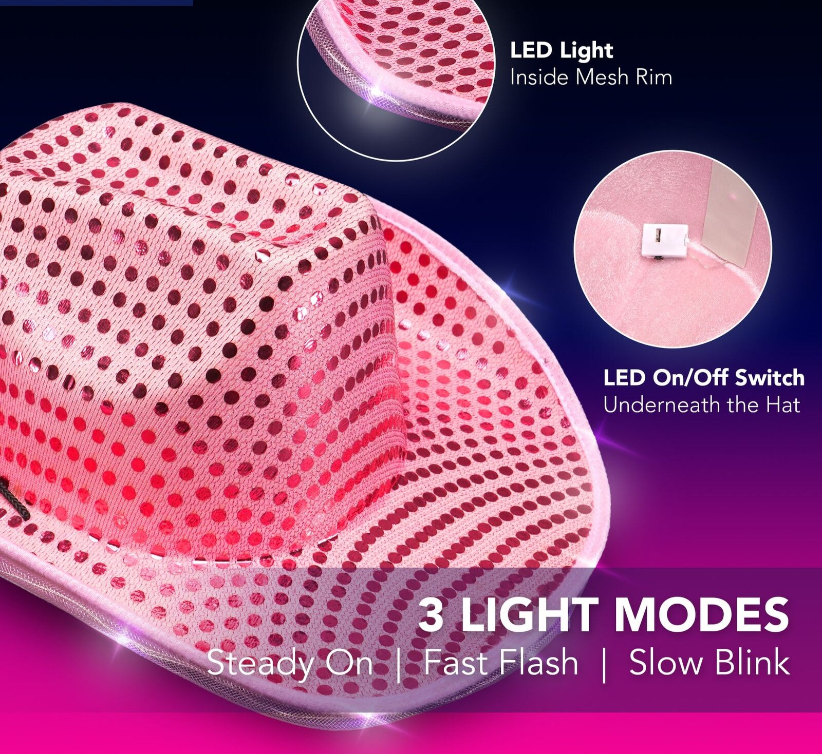 LED Light Up Flashing Sequin Cowboy Hats Assorted color Pack of 9 By Party Glowz