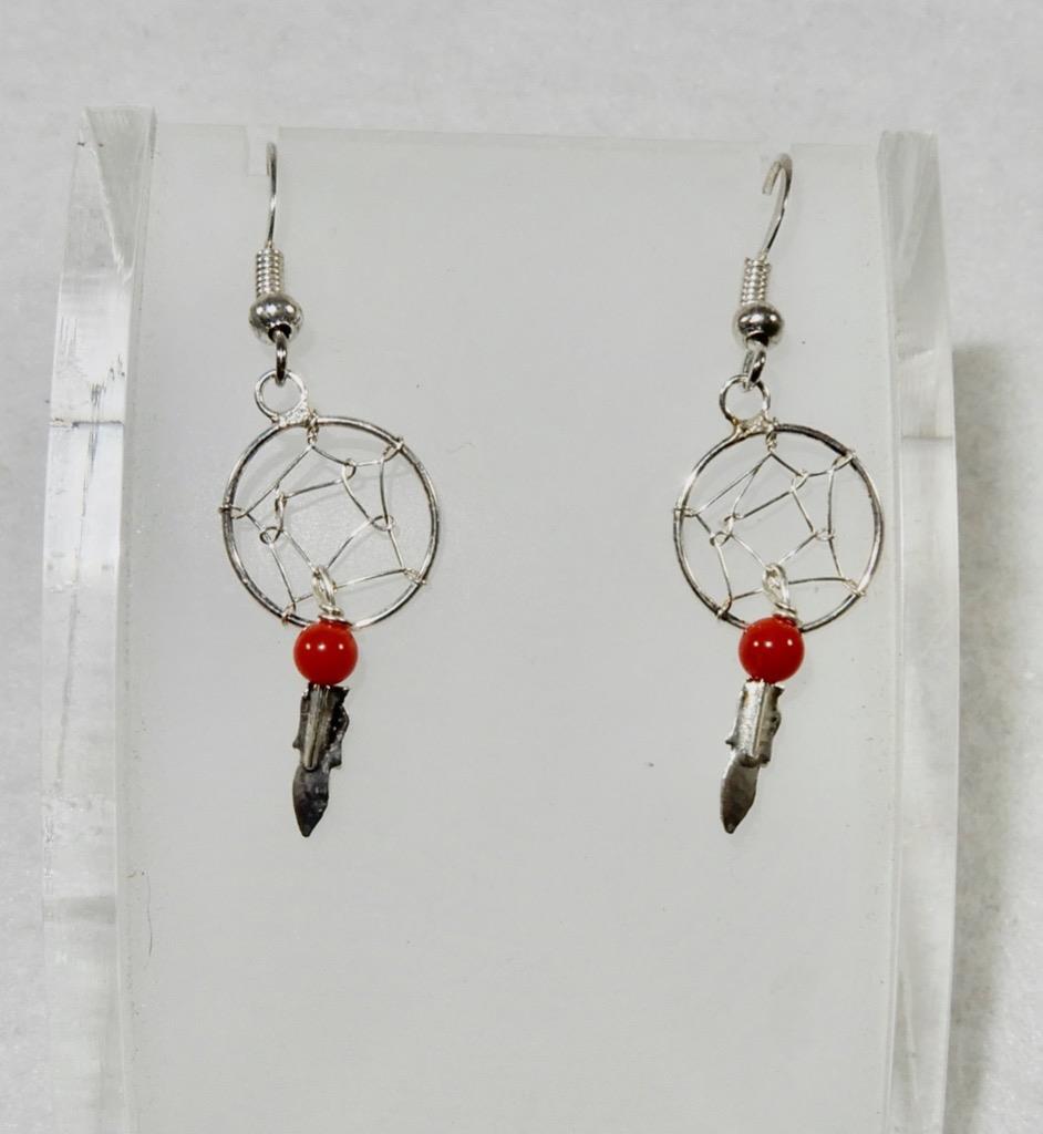 Native American Dream Catcher Coral Feather Dangle Earrings