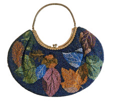 Vintage Beaded Purse Retro Boho Hippie Leaf Motif Seed Beads Handbag