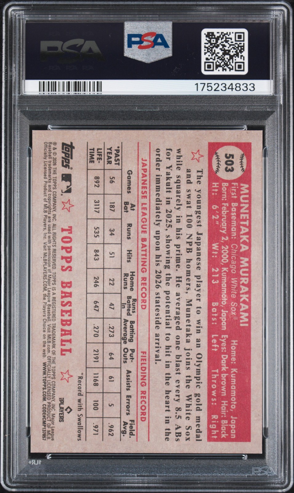 2026 TOPPS 1952 TOPPS ROOKIE VARIATION #503 MUNETAKA MURAKAMI PSA 10 | eBay