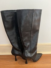 Stuart Weitzman Black Croc Embossed Leather K...