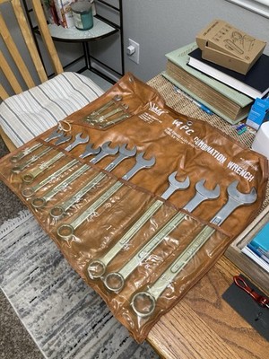 Vintage GEDORE 14 Piece SAE Combination Wrench Set Open End w/ Roll Sleeve, Used