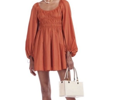STAUD ''Bow'' Puff Sleeve Smocked Mini Dress NWT  Rust Orange
