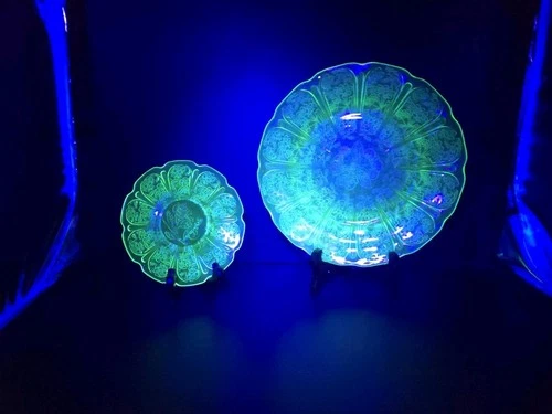 Jeanette Cherry Blossom  Green Uranium Glass 9” Luncheon Plate + 5.75" Saucer