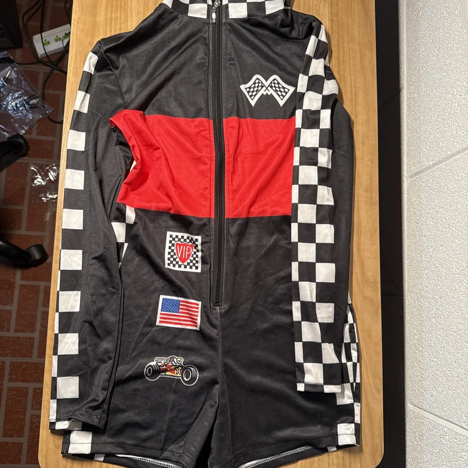 Women`s XS Sexy Race Car Driver Costume Racer Racing Jumpsuit Flag Fishnet Belt - Image 2 of 4