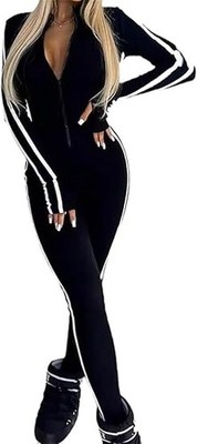 Slim Fit Women s Jumpsuit   Sexy Striped Long Sleeve Half Zip Workout Romper