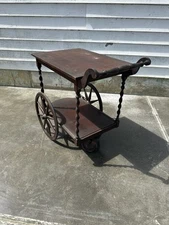 1900s Henshaws Tudor Design Antique Oak Barley Twist Rolling Bar Cart Tea