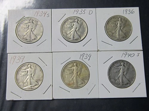 Lot, SIX 1934 to 1940 50c WALKING LIBERTY Silver Half Dollars Stored 60 Years