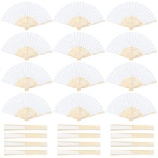 24 Pieces Handheld Paper Fans Folding Fans Bamboos Wedding Party DIY White