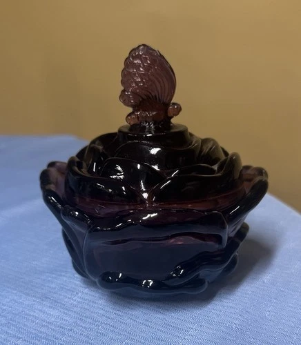 Fenton Purple Butterfly Rose Flower Candy Dish Stunning Dark Purple Trinket Jar