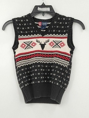Chaps Toddlers 6 Black Red And White Graphic Reindeer Knit Sweater Vest Washable