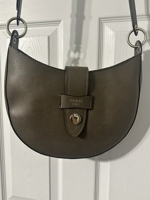 Guess Shane crossbody hobo bag in olive green smooth polyurethane.