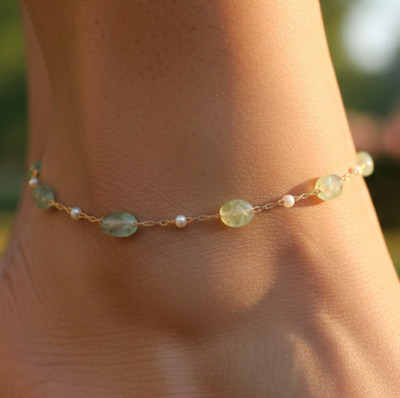 Boho Light Green Stone Beaded Anklet 18K Gold Plated Ethnic Foot Chain Anklet