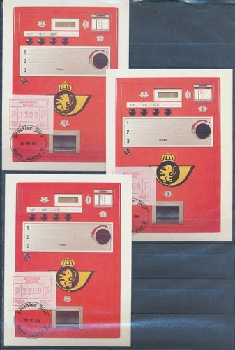 XE59723 Belgium 1984 red ATM stamps maxicards used
