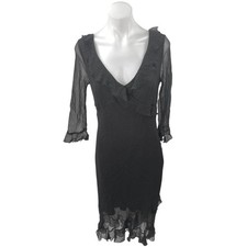 Jonathan Martin 100% Silk Black Polka Dot Ruffle V-neck Midi Bodycon Dress Sz 10