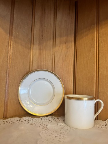 Vintage Fitz & Floyd Palais Demitasse Cup and Saucer Gold Stripe White Porcelain - Picture 7 of 8