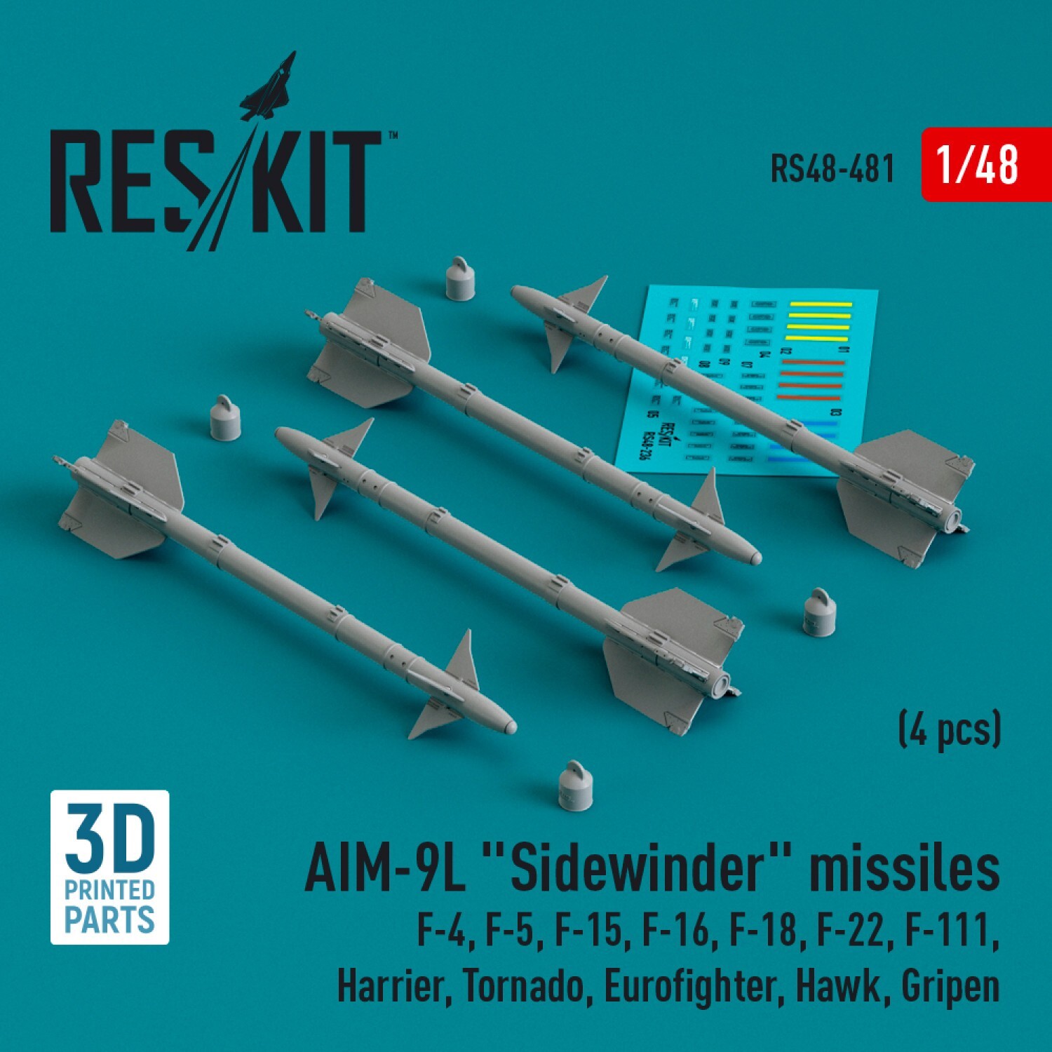 AIM-9L Sidewinder Missiles F-15/F-16/Tornado 4 pcs 1:48 3D Print RS48-0481