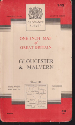 Gloucs/Malvern Nat Grid Ordnance Survey One-Inch Map #143 1953 Paper 7th Series